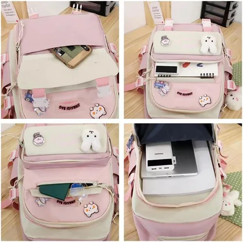 Vista 5 de Juego de 5 mochilas estéticas lindas con alfileres y colgante, mochila japonesa kawaii para la universidad para computadora portátil, mochila Negro