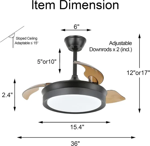 Vista 4 de Bella Depot Ventilador de techo retráctil con luces y control remoto con 3 cambios de color, opciones de temporización, silencioso y silencioso
