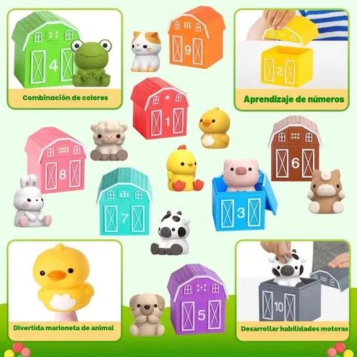 Vista 4 de Juguete de aprendizaje para niños pequeños de 1, 2 y 3 años, 10 juguetes de animales de granja y 10 graneros, juguetes sensoriales educativos