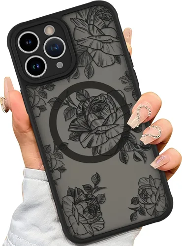 Vista 12 de AIGOMARA Magnetic Case for iPhone 16 Pro, Striped Floral - Black Black - Striped Floral