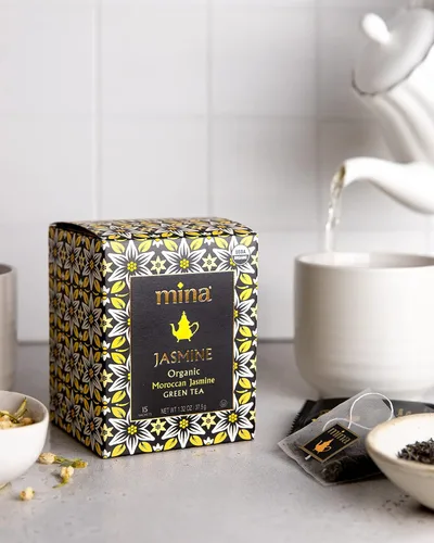 Vista 6 de Mina Té verde orgánico de jazmín marroquí, 15 sobres biodegradables, bolsas de té verde perfumadas a jazmín, rico en antioxidantes con esencia