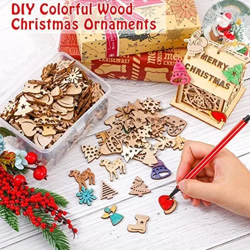 Vista 4 de 200 piezas de mini adornos de madera sin terminar, Halloween, Navidad, bricolaje, mini recortes de madera en blanco con caja de almacenamiento
