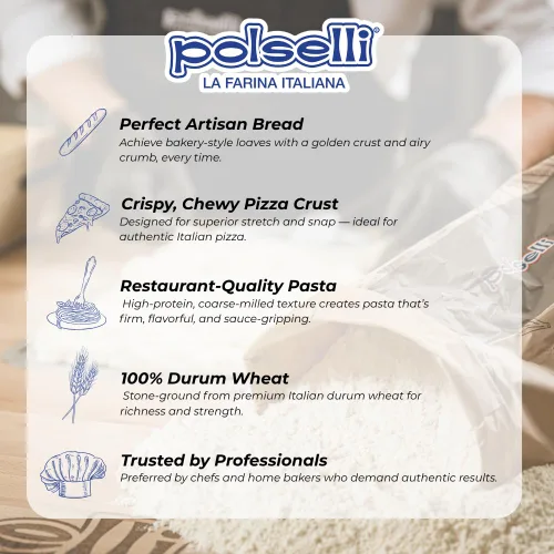 Vista 3 de POLSELLI Harina de sémola italiana, 11 libras (5 kg), Sémola molida fina Rimachinata para pasta fresca, pan, trigo duro, Producto de Italia, Fine