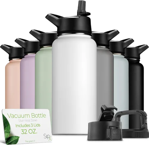 Vista 24 de SIPX™ Botella de Agua Aislada de 18 oz con 3 Tapas – Acero Inoxidable a Prueba de Fugas, Triple Aislamiento – Frío 24 Horas/Caliente 12 Horas