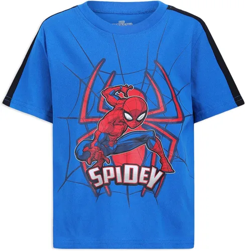 Vista 2 de Marvel Spider-Man - Paquete de 3 camisetas de manga corta para niños pequeños y grandes Azul/Negro/Gris-rayas