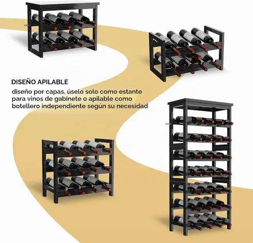 Vista 4 de Estante de vino para 28 botellas, de madera maciza, 7 niveles, con mesa, soporte para botellas sin tambaleo para bodega, cocina, bar, comedor, sala