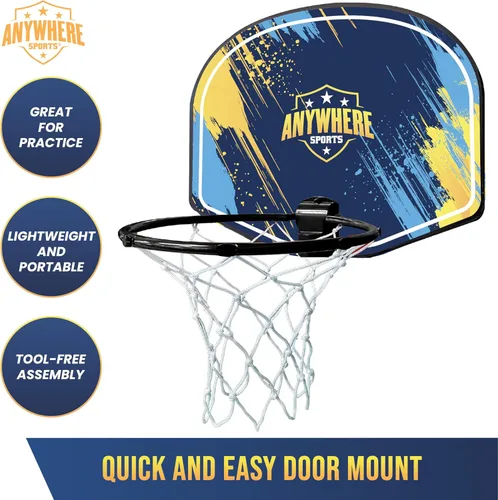 Vista 3 de Anywhere Sports Juego de baloncesto silencioso y aro – Sobre la puerta, juego silencioso para niños, fácil montaje con clip, incluye baloncesto