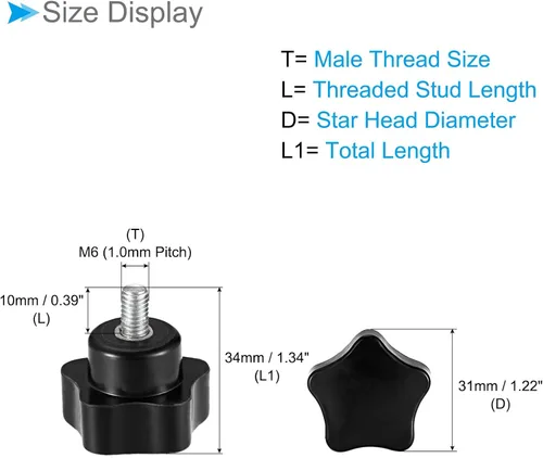 Vista 2 de Perillas de sujeción de estrella, rosca macho M6 x 0.394 pulgadas, cabeza de 1.220 in, mango de tornillo de pulgar de plástico, perno roscado negro