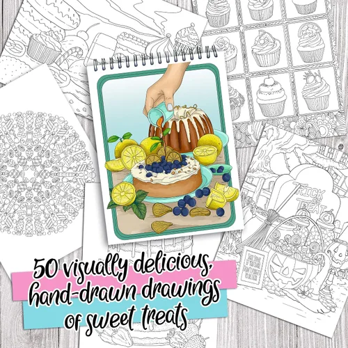 Vista 5 de ColorIt Delightful Postres and Sweet Treats - Libro para colorear para adultos, 50 diseños de una cara, papel liso grueso, tapa dura plana