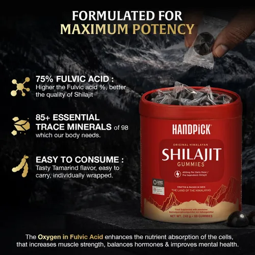 Vista 5 de HANDPICK, Gomitas Shilajit puras del Himalaya (60 gomitas) Alta potencia para hombres y mujeres Minerales esenciales de traza, 75% más de ácido