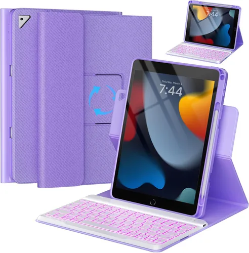 Vista 17 de OYEEICE Funda de teclado para iPad 6ª/5ª generación de 9.7 pulgadas, teclado inalámbrico desmontable retroiluminado de 7 colores, cubierta magnética