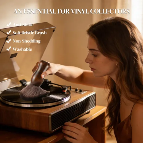 Vista 4 de XQ XIAO QIAO Cepillo de Limpieza de Discos de Vinilo - Cepillo Limpiador de Vinilo Antiestático de Madera - Accesorios para Tocadiscos