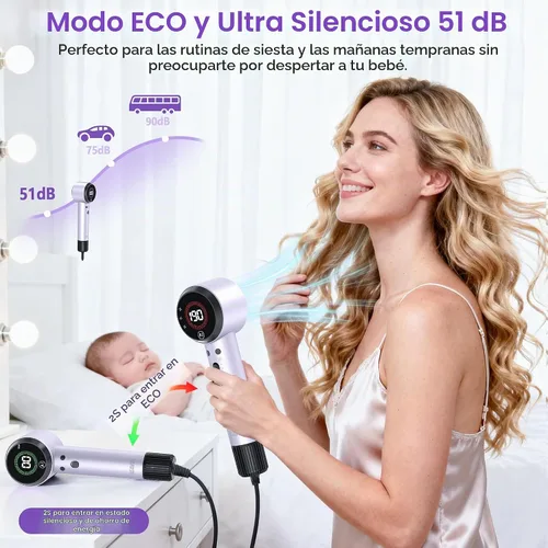 Vista 6 de Secador de pelo iónico con sensor de ajuste automático, secador de pelo AI con difusor magnético, secador de pelo de alta velocidad de 160000 RPM