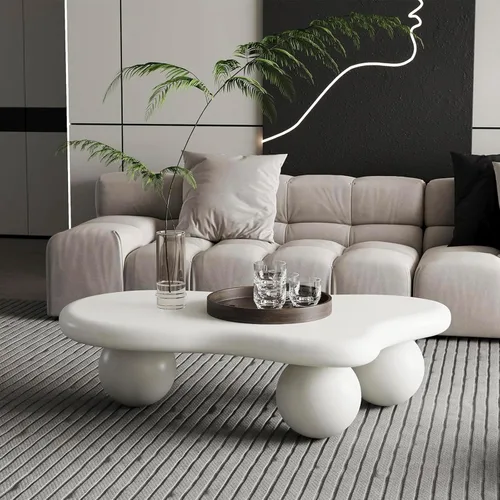 Vista 8 de Moderna mesa de centro de nube negra de 46 pulgadas con 3 patas de bola, mesa central ondulada irregular con diseño minimalista abstracto, pequeña