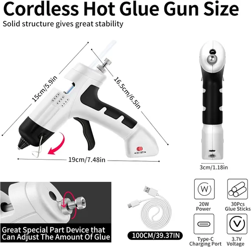 Vista 2 de Kit de pistola de pegamento caliente inalámbrica de 20 W con cargador tipo C, mini pistola de pegamento y palos con 30 barras de pegamento