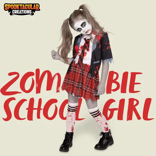 Vista 2 de Spooktacular Creations Disfraz de colegiala zombi, disfraz de zombi sangriento para niños, Halloween, escuela, fiesta de eventos, XL