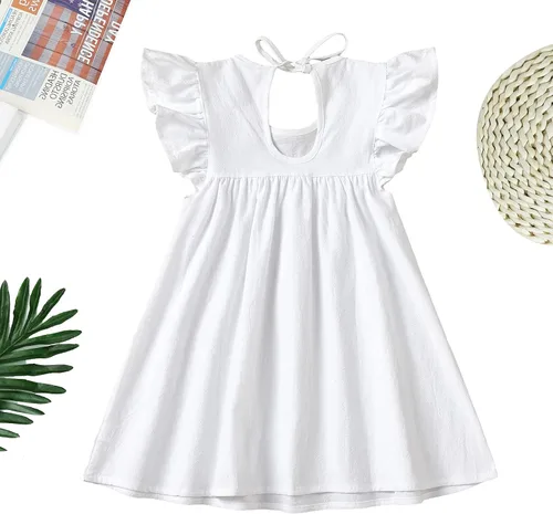 Vista 4 de Vestido para niña bebé de verano de algodón y lino con volantes, halter, sin mangas, para niños, vestidos casuales de playa y fiesta, de 1 a 6 años