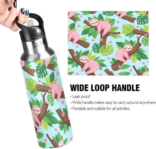 Vista 4 de Insulated Water Bottle 32 Oz, Leakproof Water Bottles for Gym Outdoor Travel School, Cute Pink Sloths Green Leaves