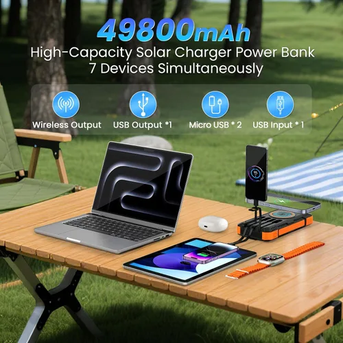 Vista 2 de Solar Power Bank 49800mAh - Wireless Portable Charger 15W Fast Charging with 4 Built-in Cables. Equipped with a Powerful Flashlight, IP65 Outdoor