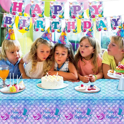 Vista 6 de DaiUni 1 mantel de cumpleaños de sirena para decoración de fiesta de cumpleaños, funda rectangular desechable de plástico para suministros de fiesta
