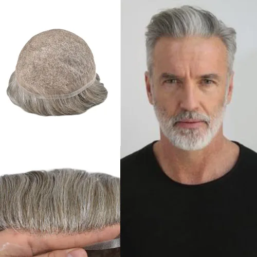 Vista 51 de PUNRU HAIR Completo Swiss Lace Toupee para hombres Sistema de cabello humano real Sistema de reemplazo de cabello humano para hombre Toupee