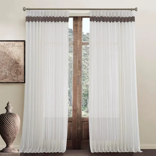 Vista 8 de Cortinas traslúcidas para ventana de 45 pulgadas de largo, paneles de cortinas traslúcidas semi plisadas blancas con borde negro, 26 pulgadas