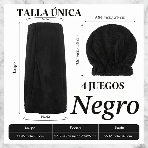 Vista 2 de Kinlop - Juego de 4 toallas de spa M para mujer, bata de gofre con tapa Negro
