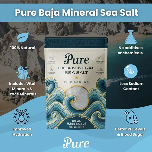 Vista 3 de Sal marina mineral pura de Baja, molida fina, 0.6 lb. 100% orgánica, sin refinar, rica en minerales, baja en sodio, para cocinar, finalizar