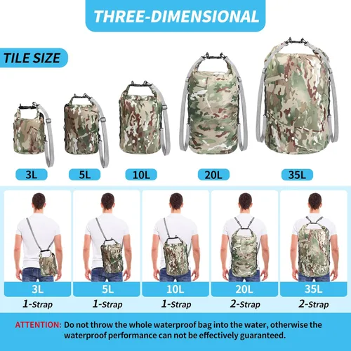 Vista 2 de Bolsas secas impermeables, pequeñas y ligeras con correa para tabla de remo, kayak, pesca, camping, senderismo (3L)