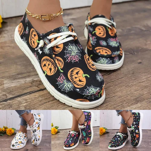 Vista 2 de Zapatos deportivos de lona con estampado de calabaza de Halloween para mujer, zapatos bajos de lona para decoración de Halloween, zapatos planos