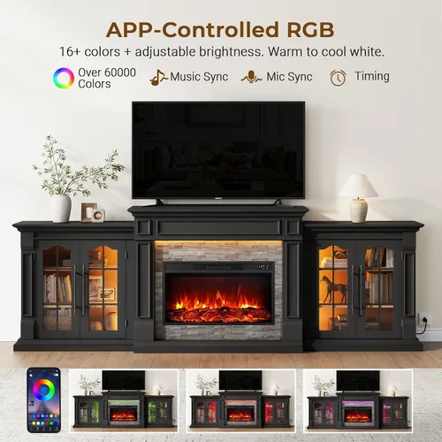 Vista 7 de 8-Color Electric Fireplace TV Stand, 104" Entertainment Center with Heater Negro
