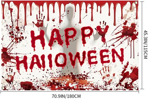 Vista 8 de Telón de fondo de Feliz Halloween, 70.87 x 43.31 pulgadas, decoración de fiesta aterradora, suministros de decoración para patio