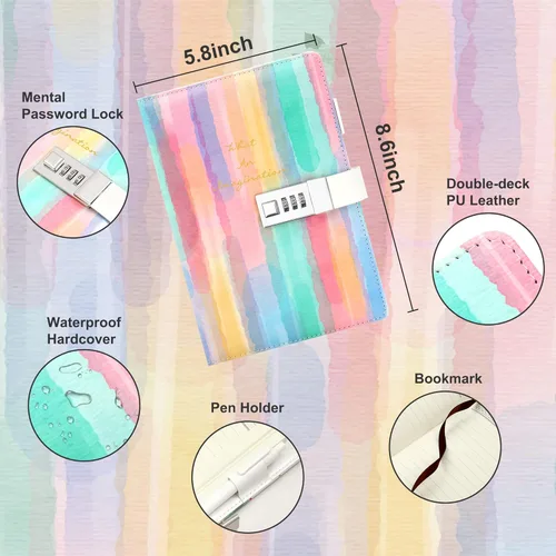 Vista 2 de CAGIE Diary with Lock for Girls Age 8-12,Birthday Gifts for 9 10 11 12 Year Old Girls, Tie Dye Design 192 Pages Diary with Pen, 5.7 x 8.5 Inch