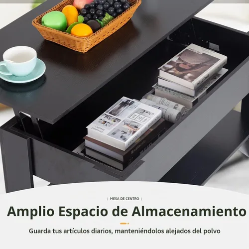 Vista 4 de Mesa de centro elevable, mesas modernas para sala de estar con compartimento oculto y estante de almacenamiento, mesas de centro de madera Negro