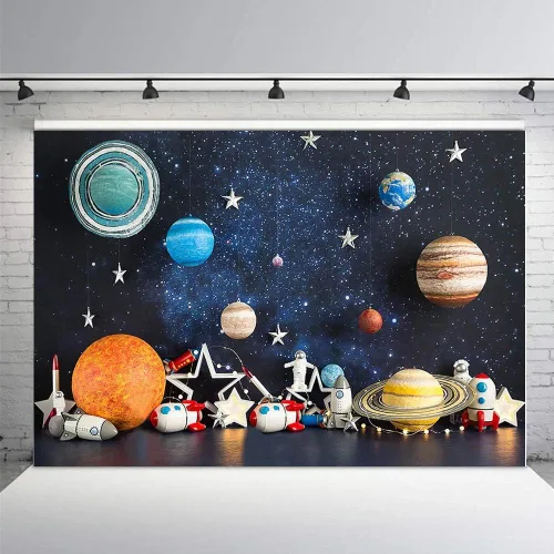 Vista 2 de MEHOFOND Fondo de fotografía del espacio exterior de 7 x 5 pies, universo, planeta, estrella, galaxia, astronauta, cohete, decoración de fiesta