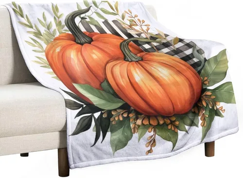 Vista 31 de Manta de lana cuadriculada con diseño de calabaza, hojas de arce, Acción de Gracias, manta de cama para otoño, Acción de Gracias, ligera, súper