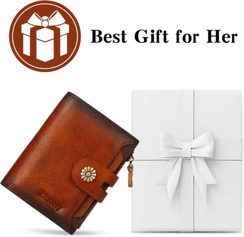 Vista 7 de Cartera de cuero con doble pliegue para mujer, bloqueo RFID, tarjetero compacto, cartera pequeña con ventana para identificación extraíble, A1