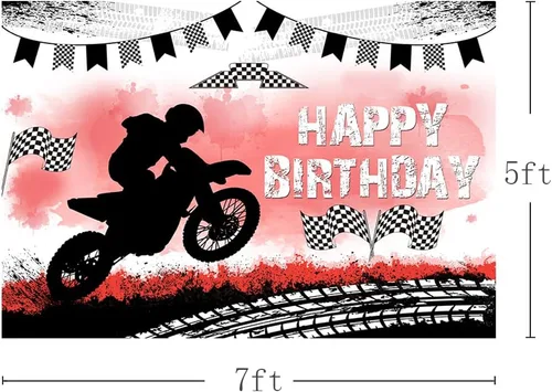 Vista 3 de MEHOFOND Telón de fondo de feliz cumpleaños, decoración de fiesta de motocross, telón de fondo de pista de neumáticos de motocicleta, suministros