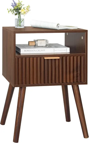 Vista 10 de Fultyle Mesita de noche pequeña, mesita de noche de madera con cajón acanalado y estante Marrón rústico