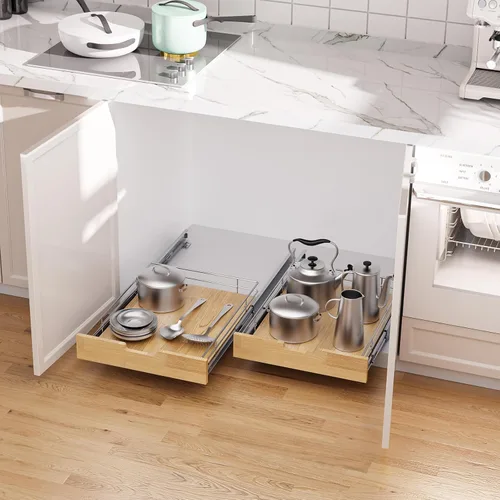 Vista 5 de Sikarou Organizador de gabinete extraíble, estante deslizante resistente, cesta de madera y alambre, cajón extraíble para cocina debajo