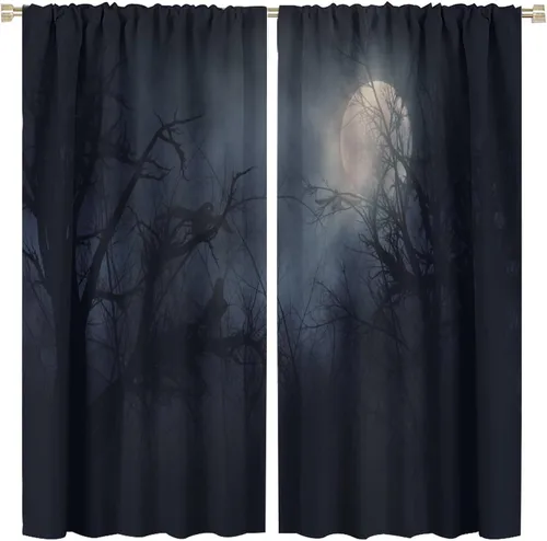Vista 38 de Cortinas góticas rústicas con estampado de cuervo de bosque brumoso, rama, luna, bolsillo para barra, cortinas de ventana para dormitorio, sala