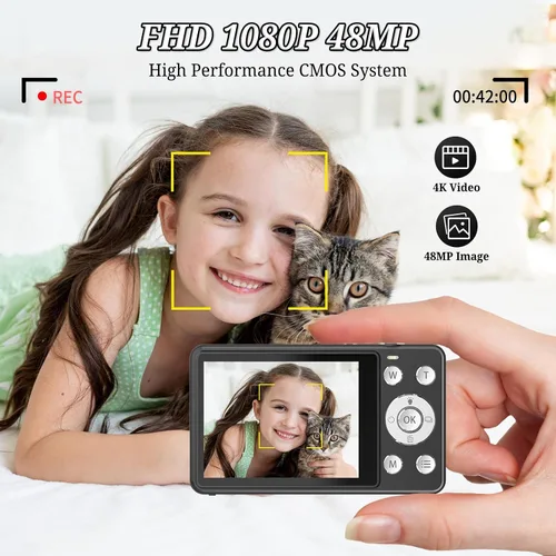 Vista 2 de Cámara digital FHD 1080P para niños, 48MP apunta y dispara, con una tarjeta de 64 GB, zoom 16X, antivibraciones, cámara pequeña compacta para niños