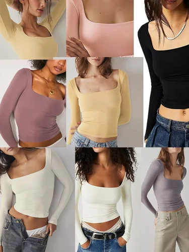 Vista 4 de Dwnval Camiseta corta sexy de manga larga para mujer, cuello cuadrado, doble forro, básica, ajustada