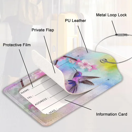 Vista 10 de Juego de 2 etiquetas de cuero para equipaje con diseño de mariposas y loto, cubierta de privacidad, etiqueta de maleta con lazo de acero inoxidable