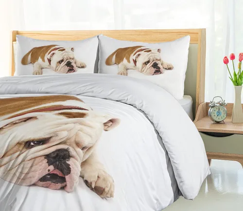 Vista 4 de Ambesonne Juego de funda de edredón de Bulldog inglés, Bulldog triste y cansado, fotografía de animales de raza pura europea, juego de cama