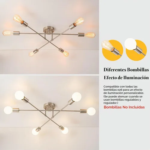 Vista 3 de Candelabros Sputnik modernos de 6 luces, lámparas de araña de techo semiempotradas de plata de mediados del siglo XX con base E26, lámpara Plateado