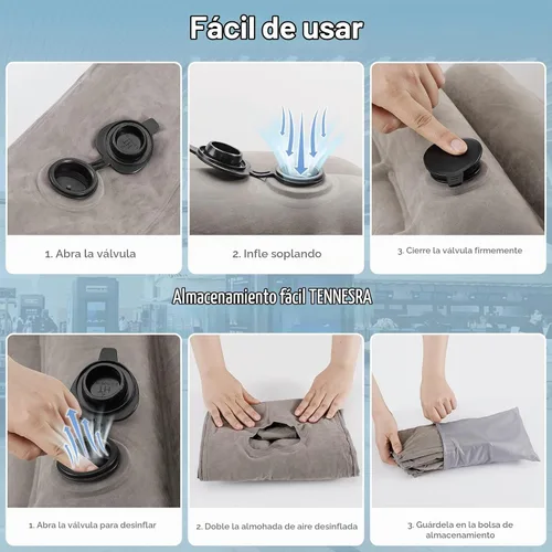 Vista 7 de MoKo Almohada inflable de viaje, almohada para el cuello con bolsa de almacenamiento, gris
