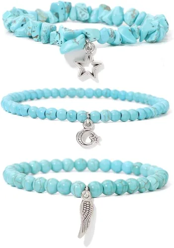 Vista 22 de Juego de 3 pulseras de cuentas de piedra natural para mujeres y hombres, estrellas y luna, alas de ángel, juego de pulseras curativas de reiki