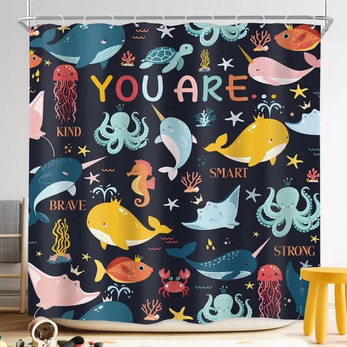 Vista 22 de Riyidecor Ocean - Cortina de ducha para niños, 60 pulgadas de ancho x 72 pulgadas de alto, diseño de ballena, dibujos animados, animales, delfín