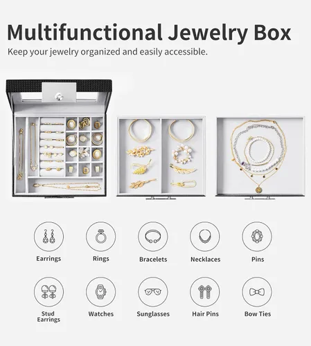 Vista 5 de Oyydecor Joyero con tapa de cristal organizador de joyas de piel sintética de 3 niveles con 2 cajones estuche de joyería portátil grande